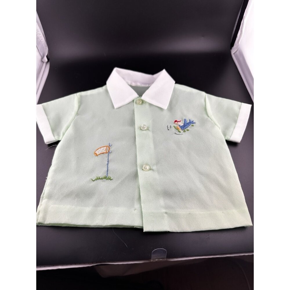 Vtg Baby Boy Layette Shirt Textured Thin Golf Motif Embroidered 1970s Green